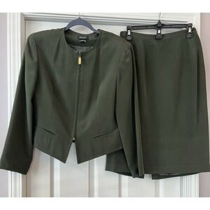 Vtg SHOMI Women's Suit Jacket Blazer Skirt 100% Silk Olive Green Size 12 Office